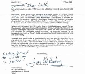 საქართველოს პრემიერ-მინისტრი იენს სტოლტენბერგმა მადრიდის სამიტზე მიიწვია