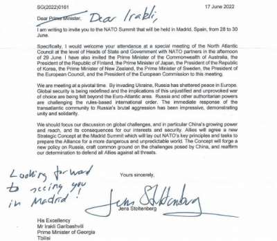 საქართველოს პრემიერ-მინისტრი იენს სტოლტენბერგმა მადრიდის სამიტზე მიიწვია